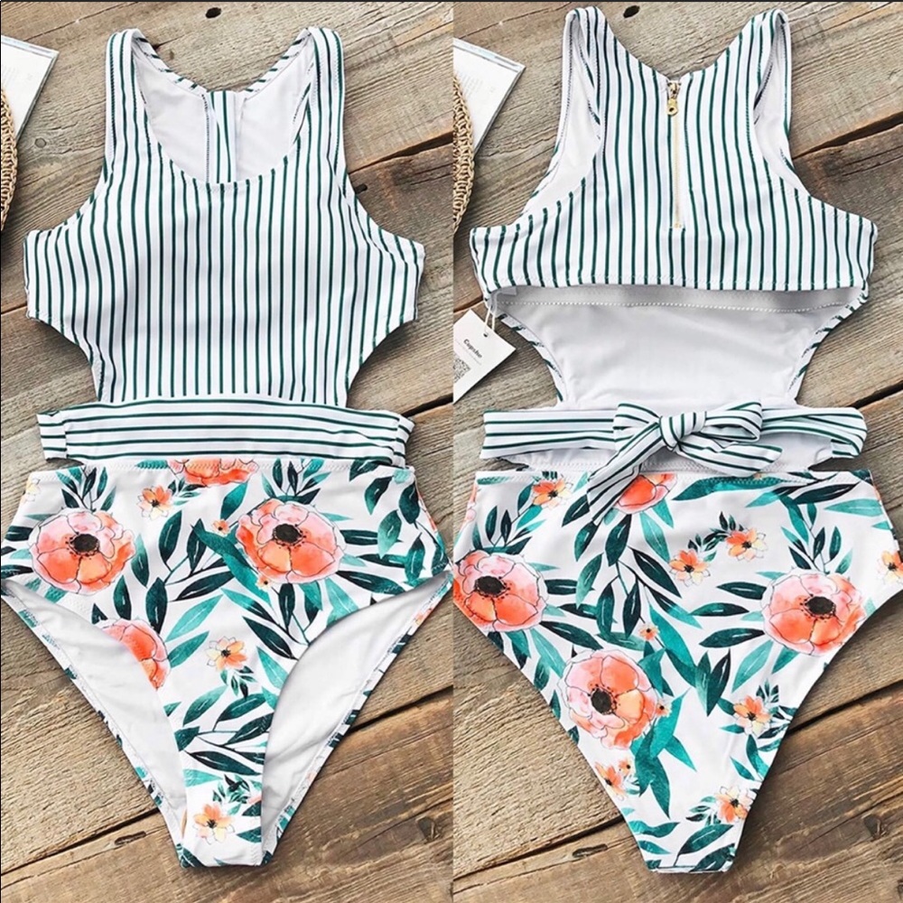 Cupshe One Piece Floral + Stripe Bathing-suit